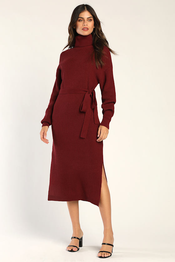Lulus Snuggle Chic Burgundy Knit Turtleneck Midi Sweater Dress