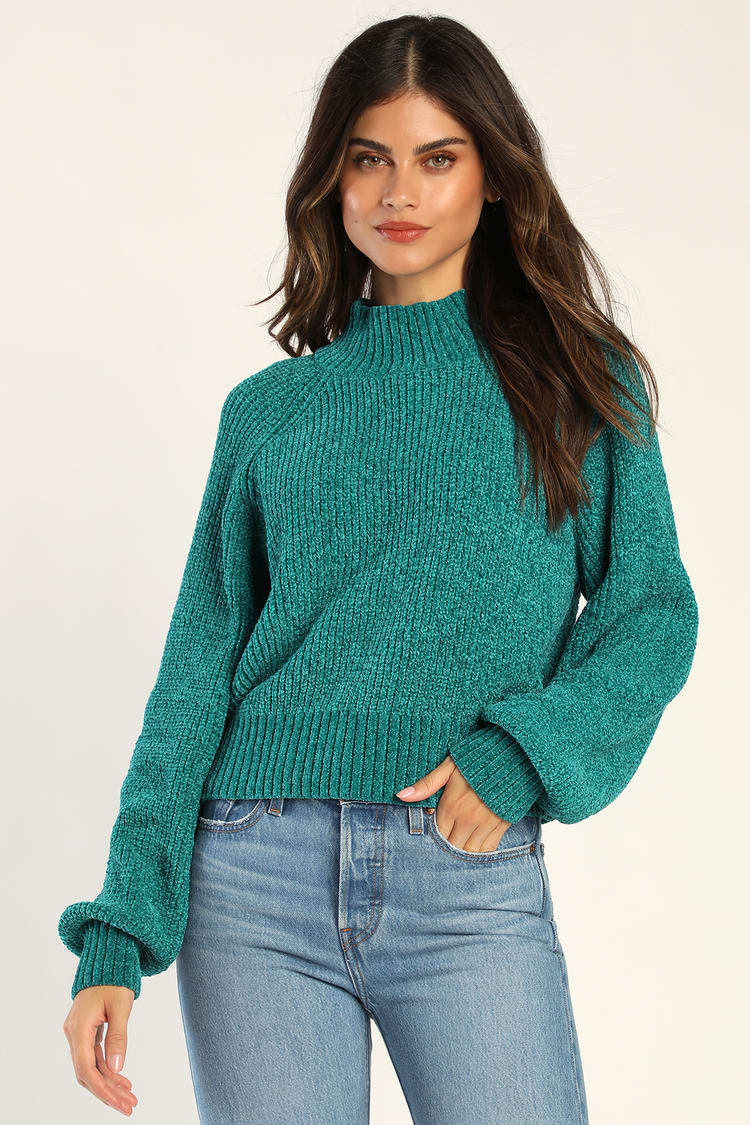 Seasonally Sweet Teal Green Chenille Mock Neck Sweater