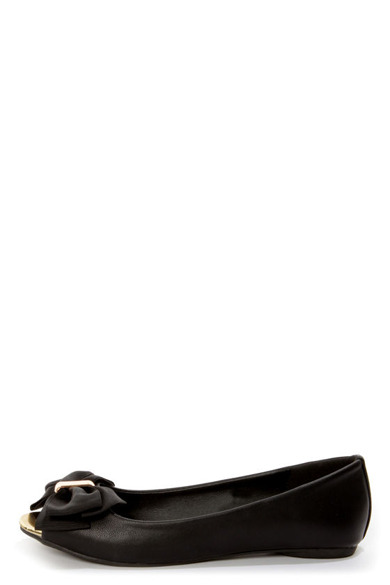 Mixx Shuz Dolly Black and Gold Bow-Topped Peep Toe Flats - $28.00 - Lulus