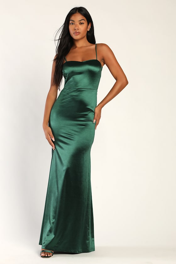 Perfect Elegance Emerald Green Satin Backless Ruched Maxi Dress 2