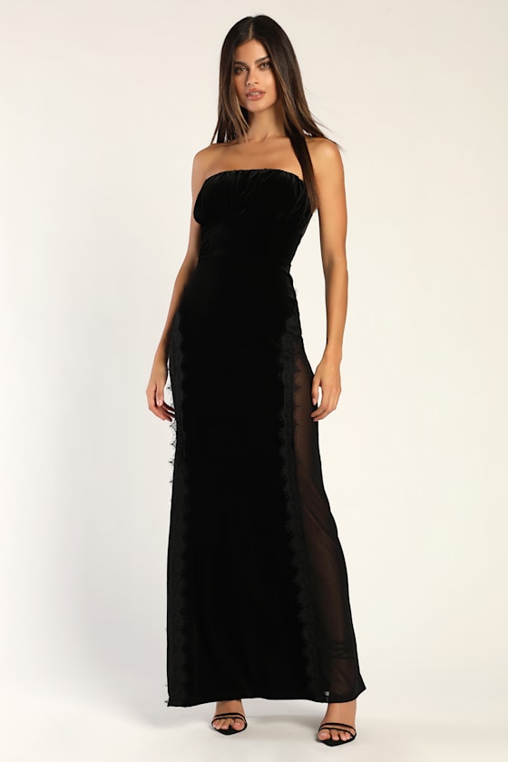 Black Velvet Dress Strapless Velvet dress Slit Velvet Dress Lulus