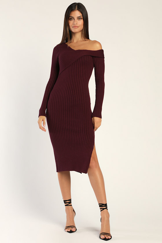 Fireside Sweetie Plum Purple Off-the-Shoulder Midi Sweater Dress 2