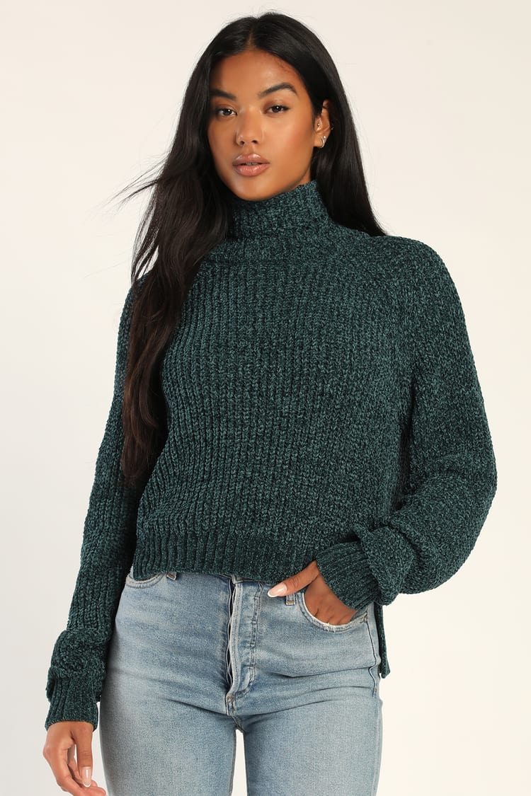 Fall, Y'all Teal Blue Chenille Knit Turtleneck Pullover Sweater