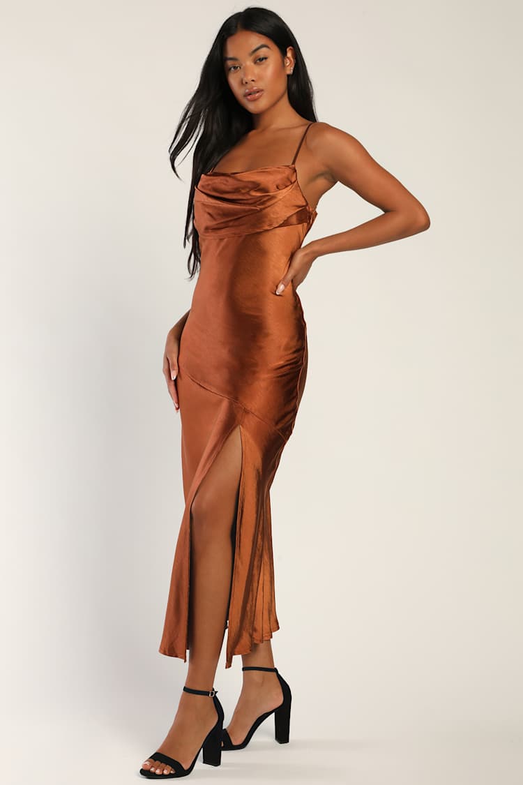 bronze satin maxi dress Lyla Asymmetrical Satin Maxi Dress / Bronze Taupe | MESHKI