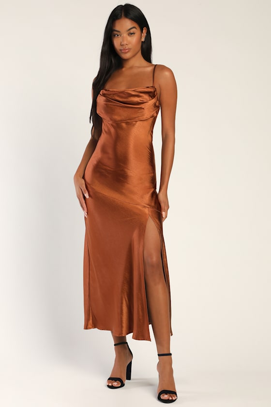 Bronze Satin Dress Satin Maxi Dress Cowl Maxi Dress Lulus