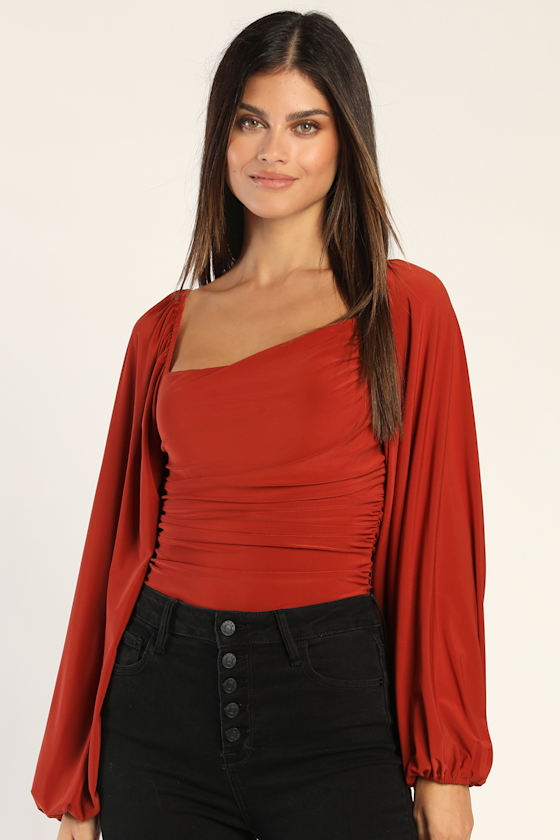 Rust Orange Bodysuit Ruched Bodysuit Balloon Sleeve Bodysuit Lulus