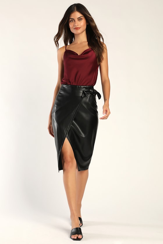 Black Vegan Leather Skirt Midi Skirt Faux Wrap Skirt Lulus