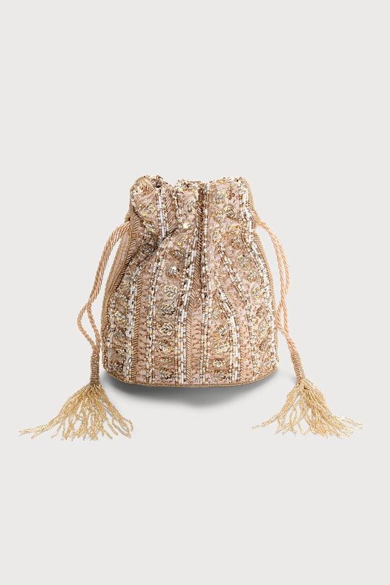 Glimmering Occasions Gold Beaded Crossbody Drawstring Bag 6