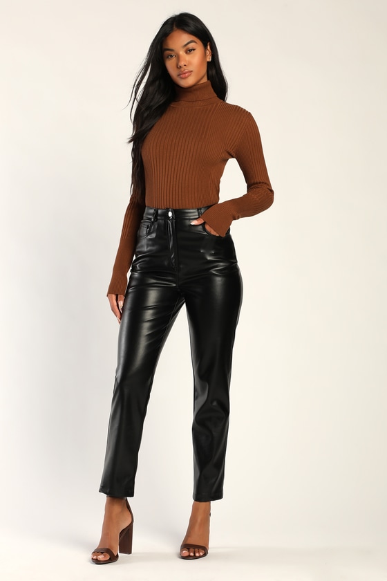 Black Straight Leg Pants - Vegan Leather Pants - High-Rise Pants