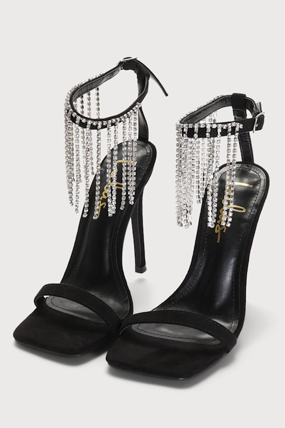 Lilyco Black Suede Rhinestone Fringe High Heel Sandals 4