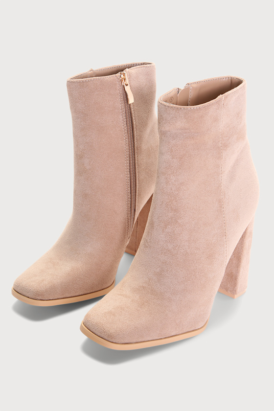 Andies Taupe Suede Mid-Calf Square Toe Booties 2