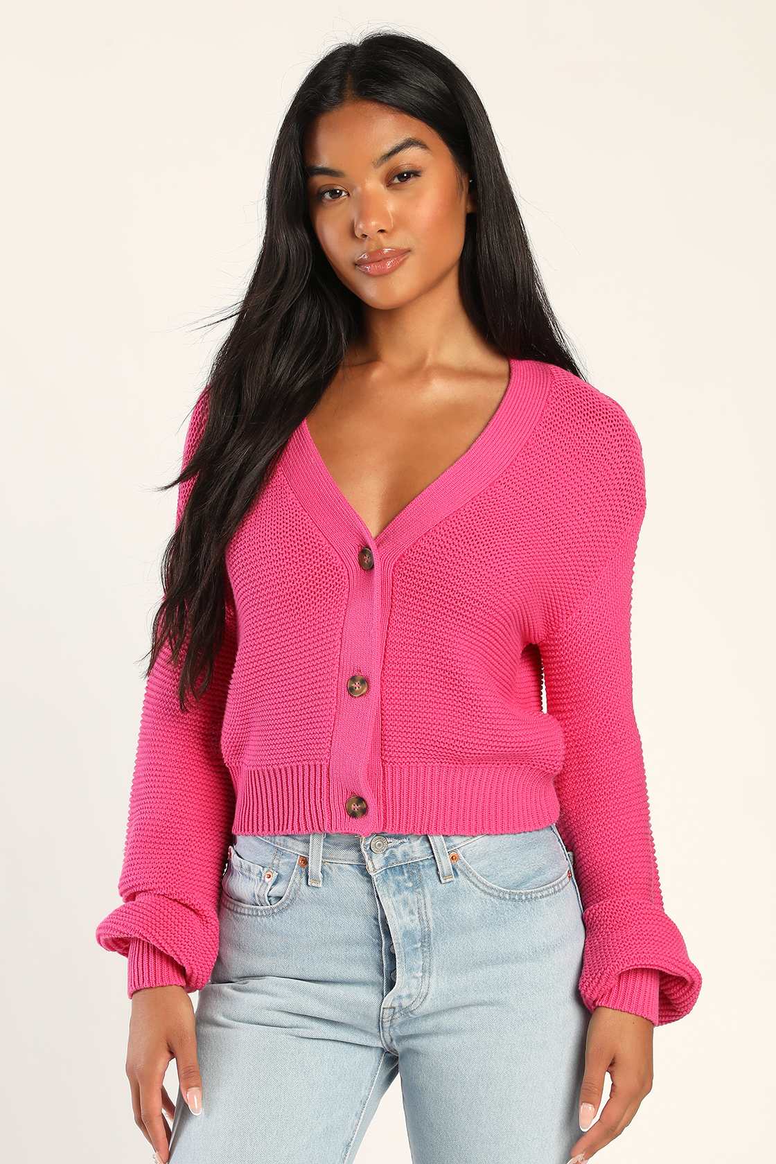 Hot Pink Knit Cardigan ButtonFront Sweater Cropped Cardigan Lulus