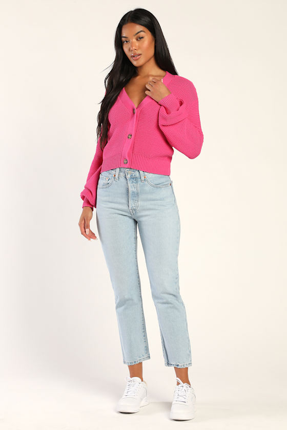 That Cozy Feeling Hot Pink Knit Button-Up Cropped Cardigan 1