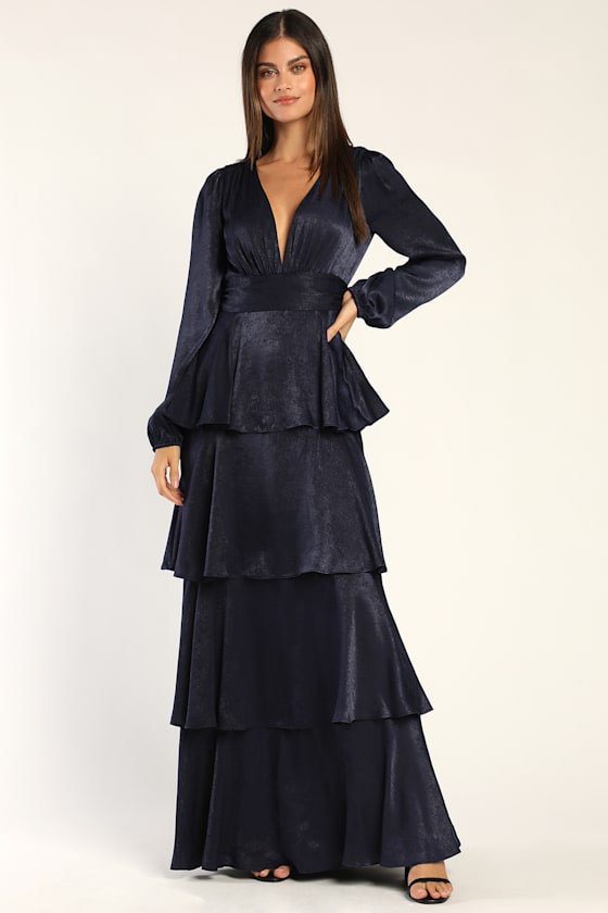Tier For Love Navy Blue Satin Long Sleeve Tiered Maxi Dress 6