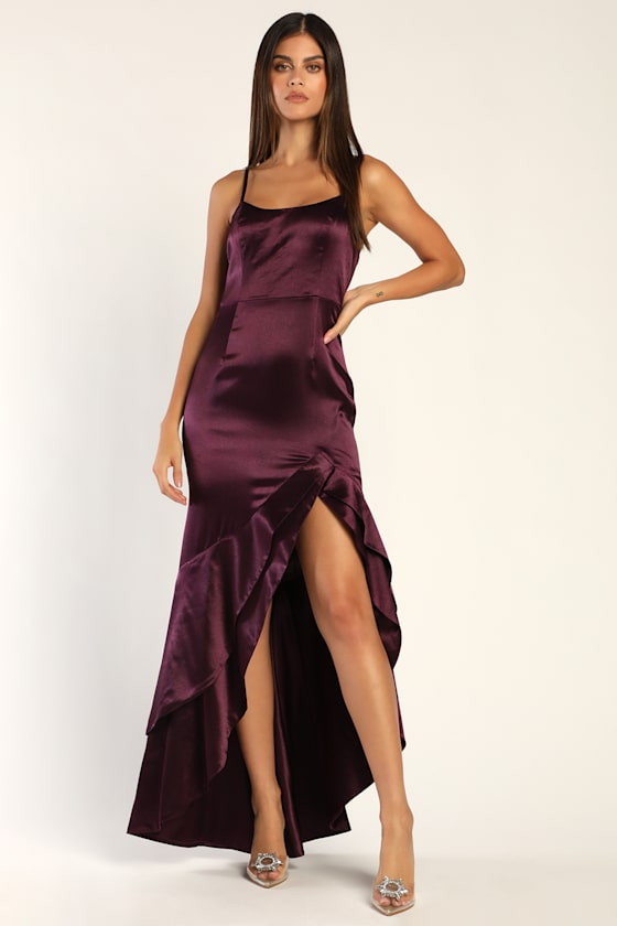 Made to Enchant Plum Purple Satin High-Low Maxi Dress 1