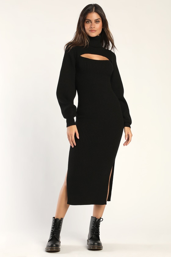 Black Ribbed Knit Dress - Turtleneck Sweater Dress - Cutout Dress - Lulus