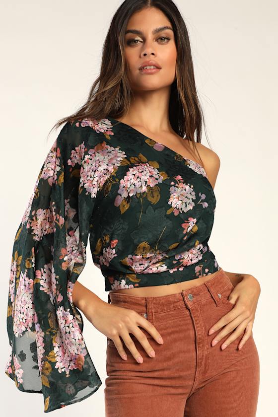 Emerald Green Floral Print Top Crop Top OneShoulder Blouse Lulus