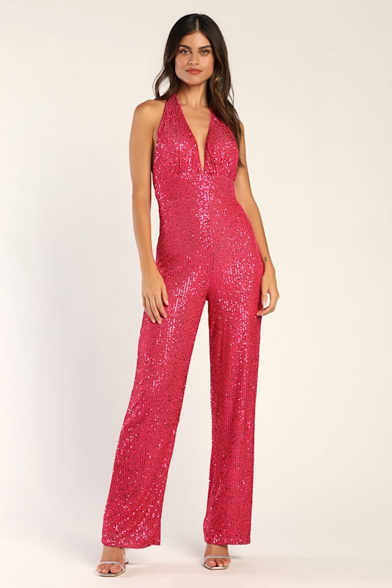 Star Potential Shiny Hot Pink Sequin Halter Jumpsuit 2