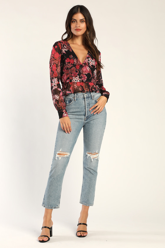 Lulus Here To Wow Black Floral Button-up Long Sleeve Crop Top