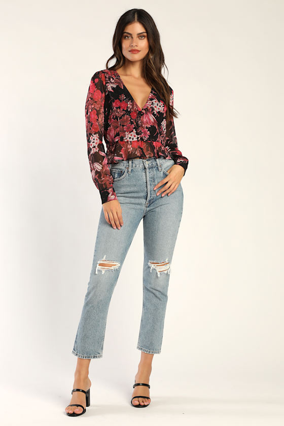 Black Floral Top Long Sleeve Top Lurex Top ButtonUp Top Lulus