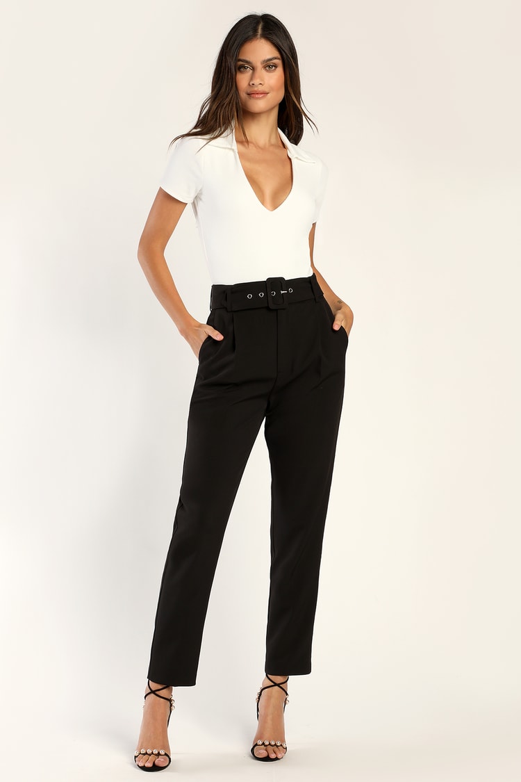 Striding Style Black Belted High-Waisted Tapered Trouser Pants
