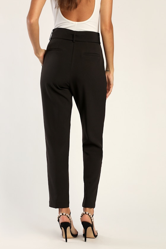 Striding Style Black Belted High-Waisted Tapered Trouser Pants 5