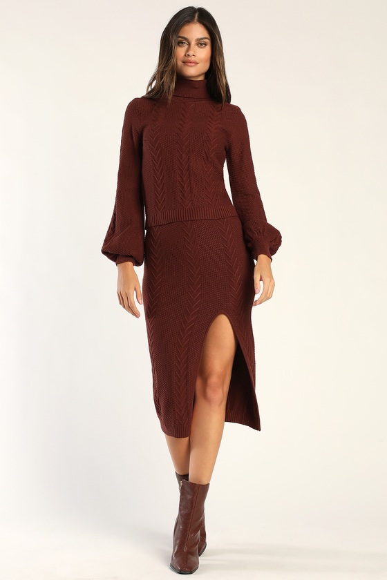 Lulus Match My Vibe Brown Cable Knit Two-piece Midi Sweater Dress