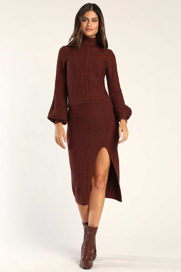 Match My Vibe Brown Cable Knit Two-Piece Midi Sweater Dress