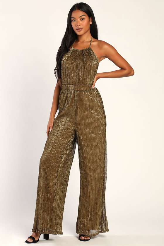 Chic Gold Jumpsuit - Halter Jumpsuit - Wide-Leg Jumpsuit - Lulus