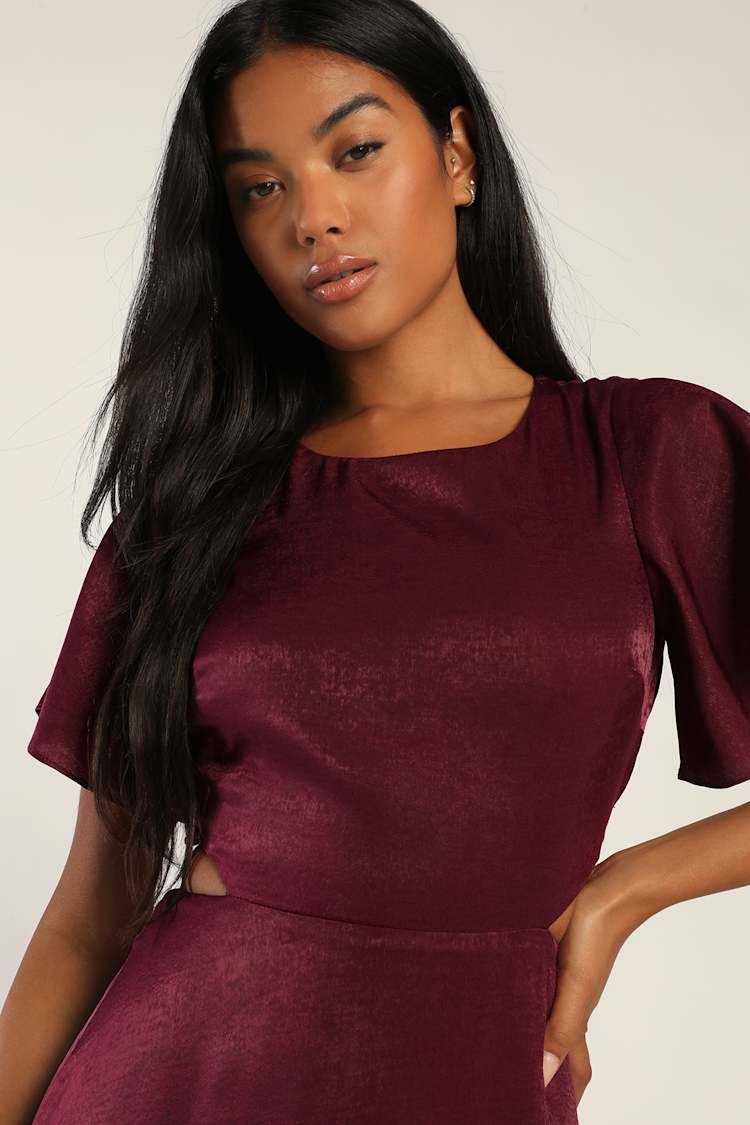 Garden Bliss Burgundy Satin Cutout Maxi Dress