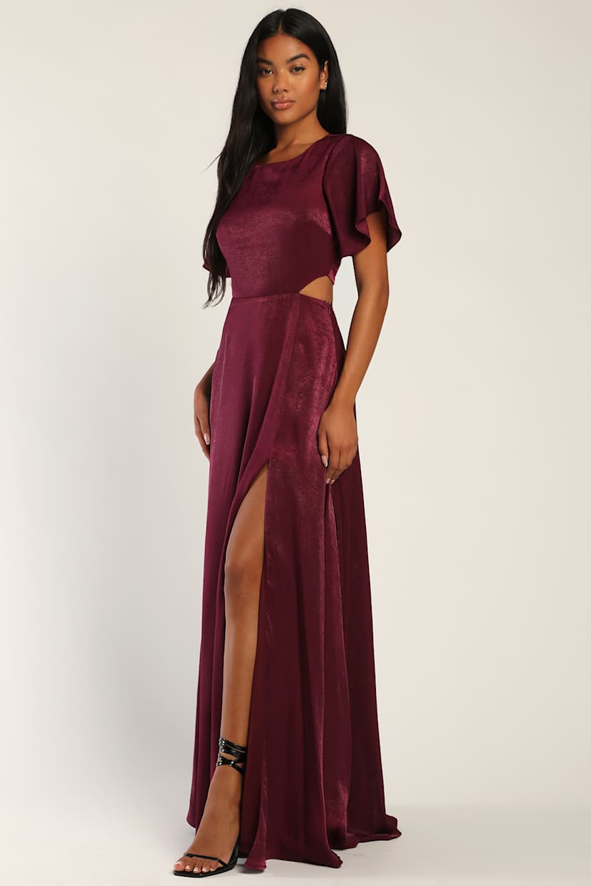 Garden Bliss Burgundy Satin Cutout Maxi Dress