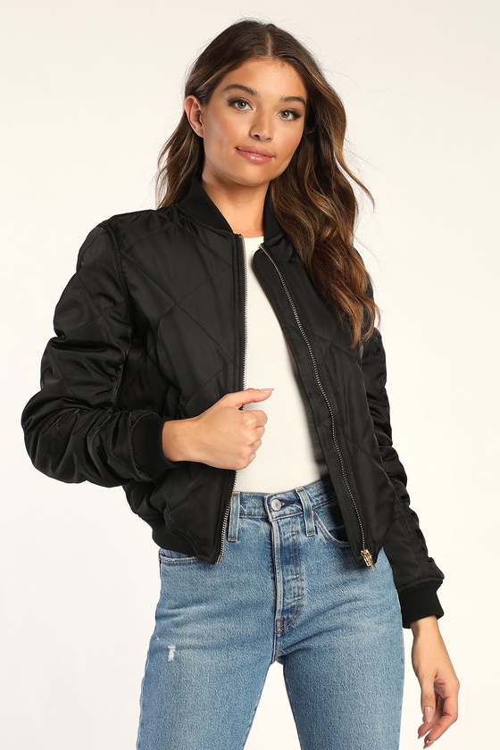 Cute Black Bomber - Quilted Bomber Jacket - Black Jacket - Lulus