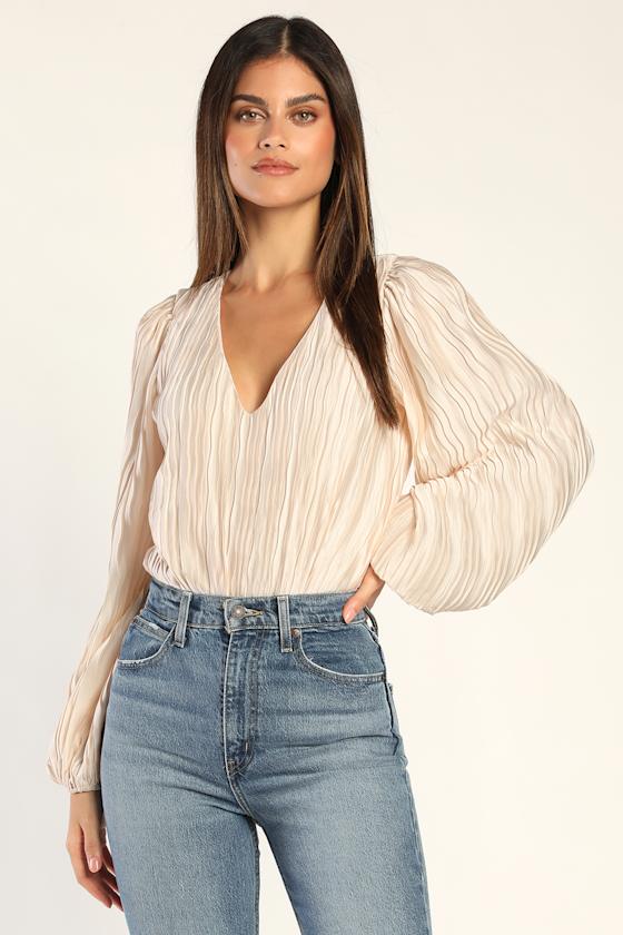 Cream Bodysuit Balloon Sleeve Bodysuit Plisse Bodysuit Lulus