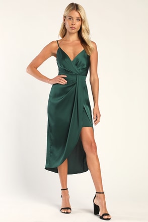 Fabulous Affair Emerald Green Satin Surplice Tulip Midi Dress
