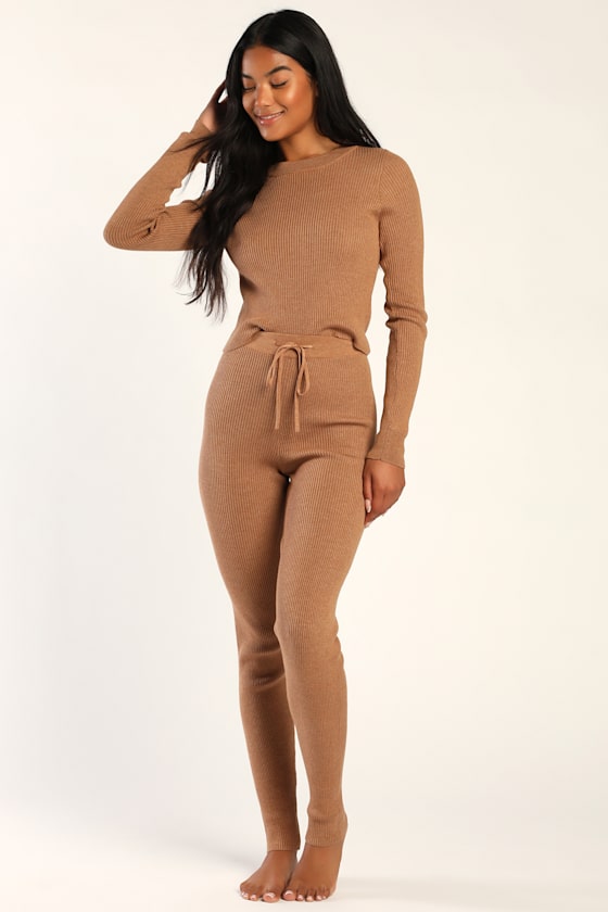 Come Get Cozy Light Brown Ribbed Knit Sweater Top 1