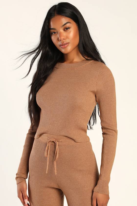 Come Get Cozy Light Brown Ribbed Knit Sweater Top 2