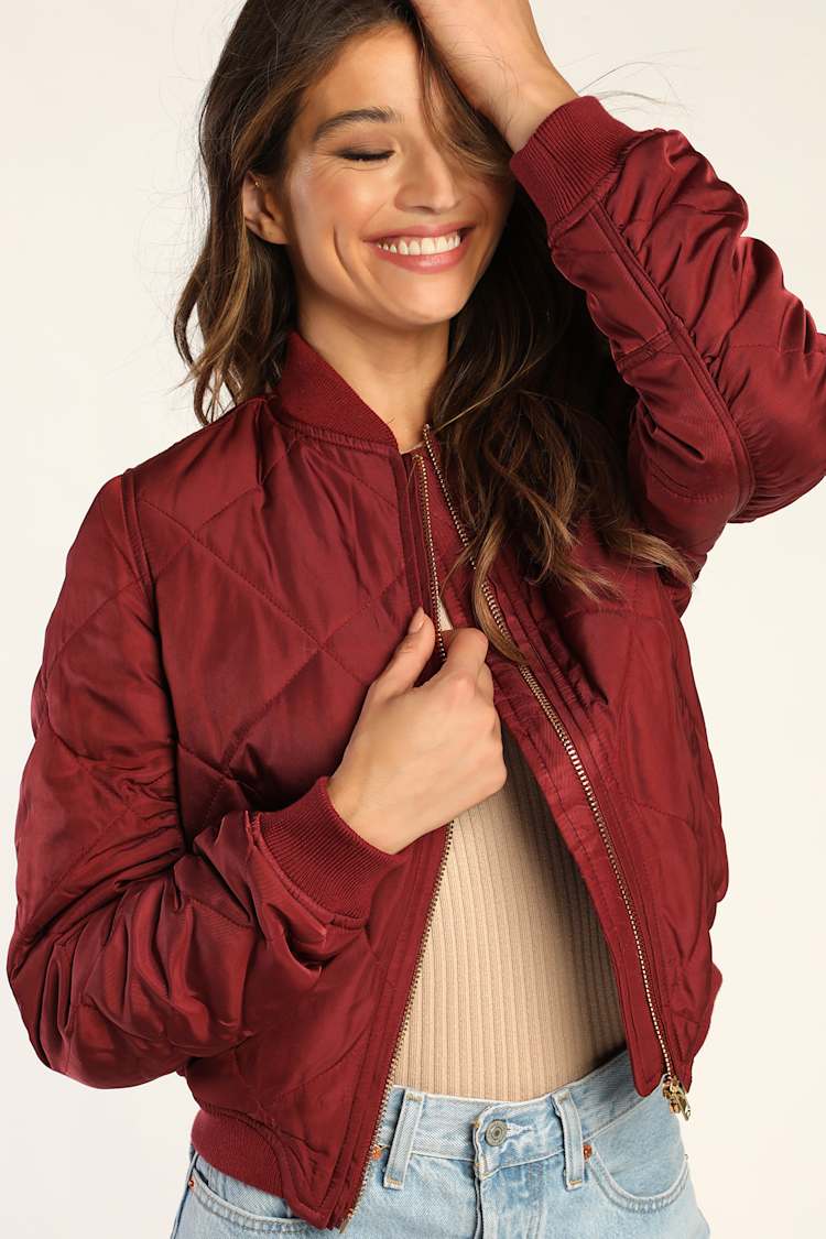 Cute Burgundy Bomber - Quilted Bomber Jacket - Black Jacket - Lulus