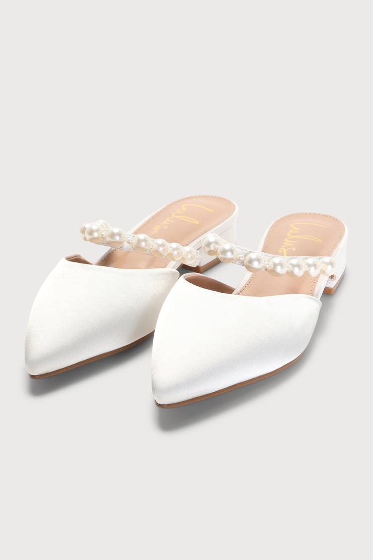 Hershie White Satin Pearl Pointed-Toe Mule Slides