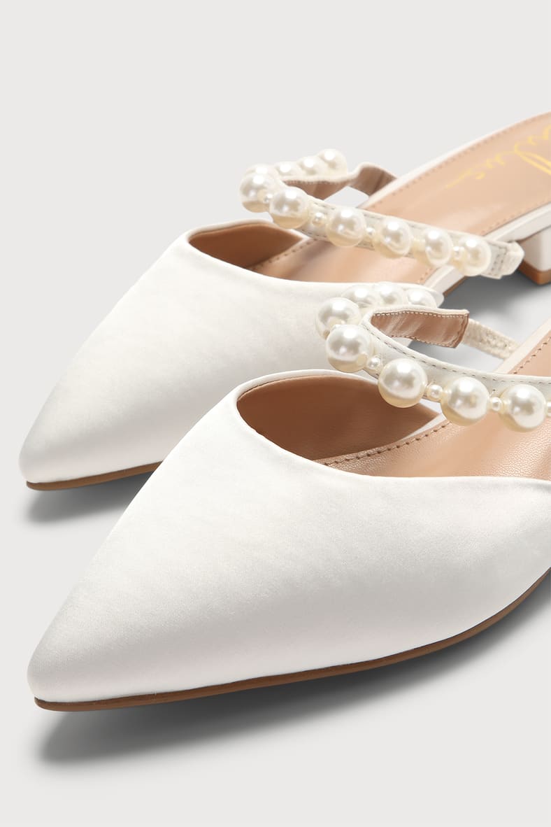 Hershie White Satin Pearl Pointed-Toe Mule Slides