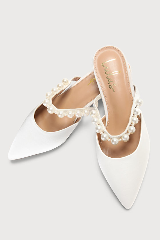 Hershie White Satin Pearl Pointed-Toe Mule Slides - thumbnail 5
