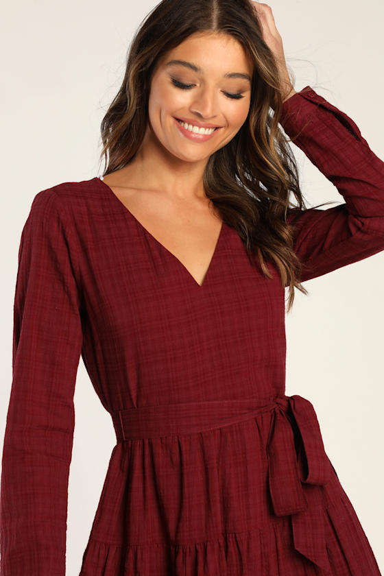 Wine Red Plaid Long Sleeve Dress with Pockets | Womens | Medium (Available in XS, S, L, Xl) | 100% Cotton | Lulus