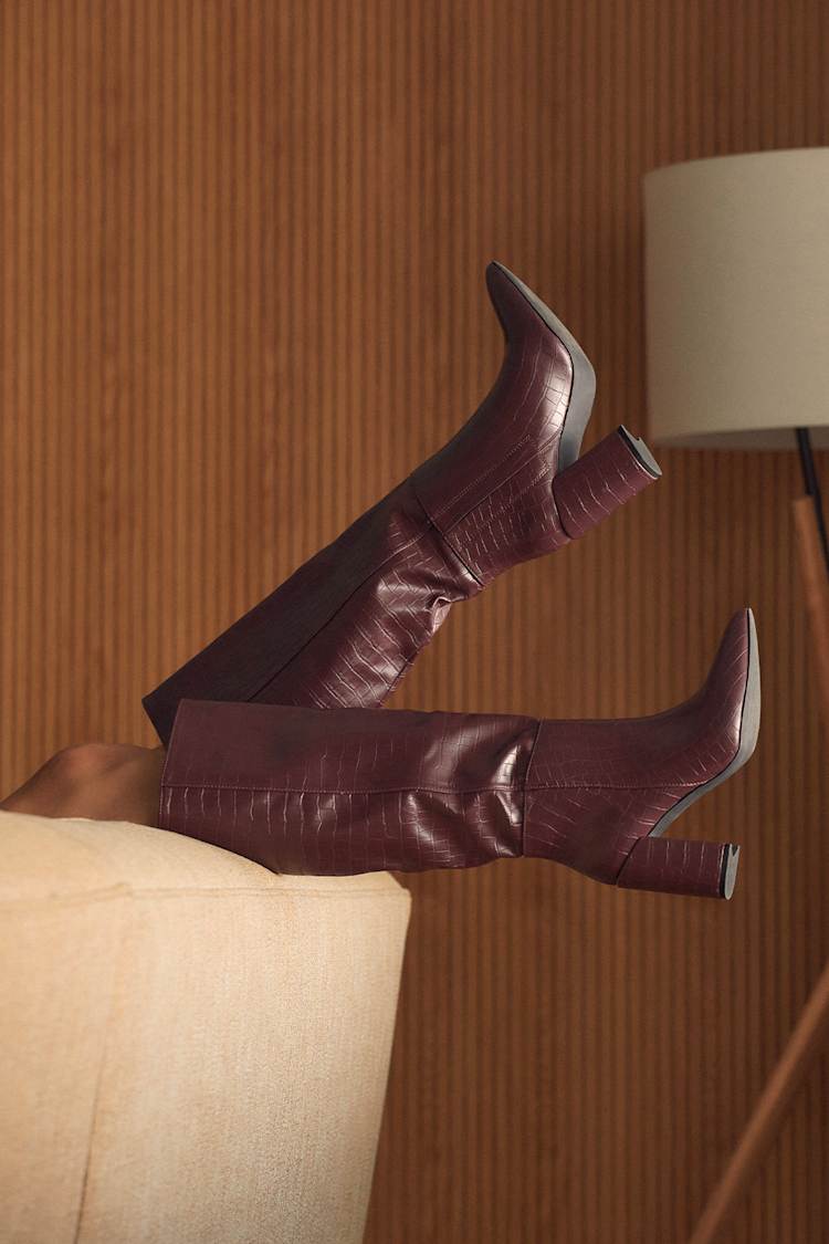Katari Cranberry Croc Pointed-Toe Knee High Boots