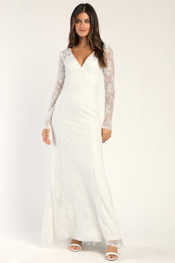 fitted lace wedding dress Puffy Sleeve Sweetheart Mermaid Maxi Gown WHITE (S) – Sweet & Classy Co main image 0