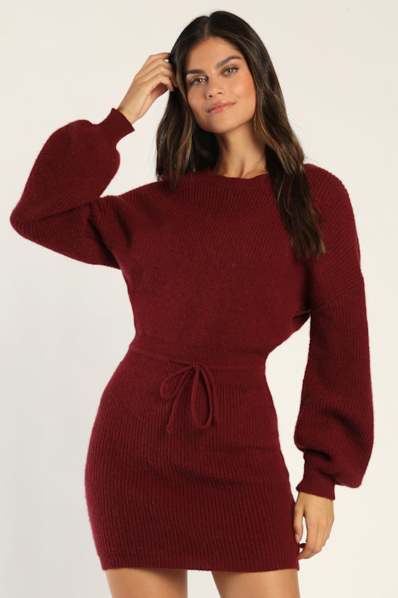 Burgundy Drawstring Mini Sweater Dress | Womens | X-Large (Available in XS, S, M, L) | Lulus