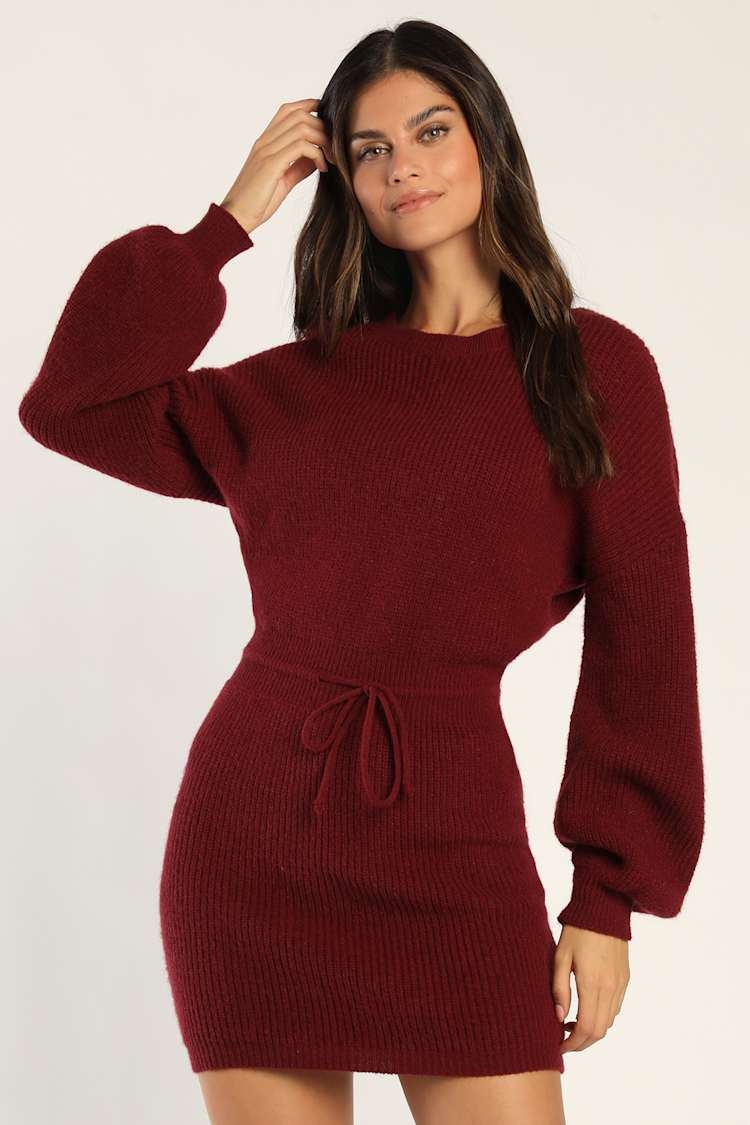 Burgundy Dress - Mini Sweater Dress - Balloon Sleeve Mini Dress - Lulus