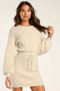 Flirting with Fall Cream Drawstring Mini Sweater Dress