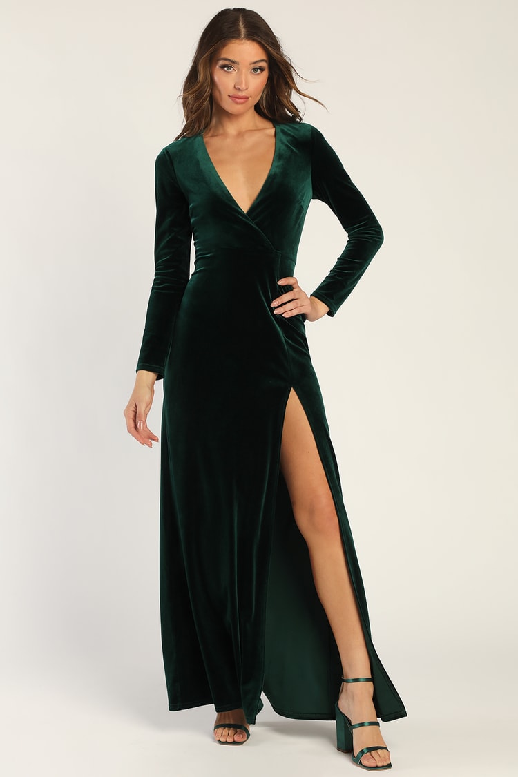 Emerald Green Maxi Dress - Green Velvet Dress - Long Sleeve Gown - Lulus