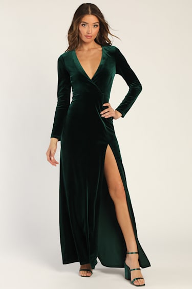 Long Sleeve Emerald Velvet Wrap Dress Style Cheat Velvet Drape