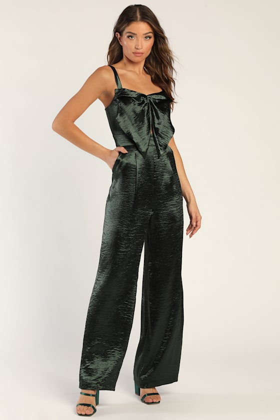 Date to Remember Emerald Green Satin Cutout Wide-Leg Jumpsuit 1