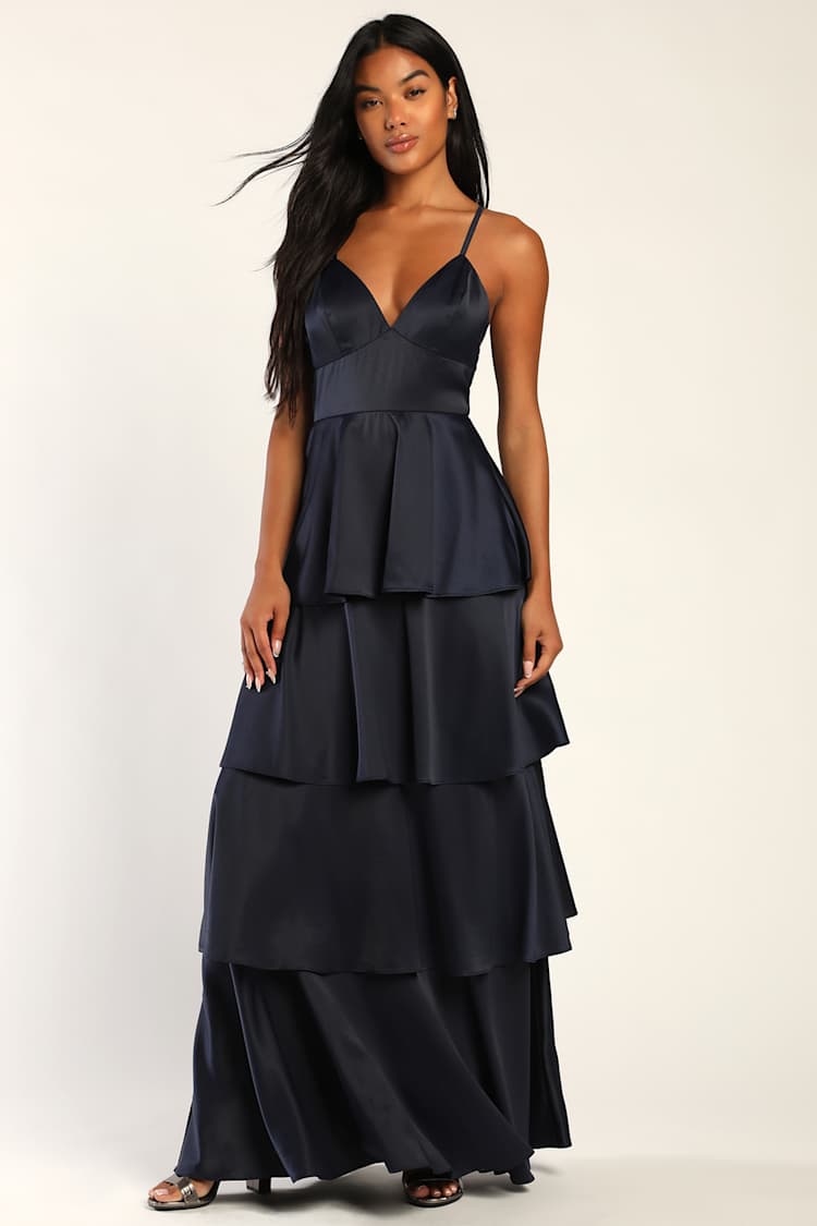 Going with Elegance Navy Blue Satin Tiered Maxi Dress